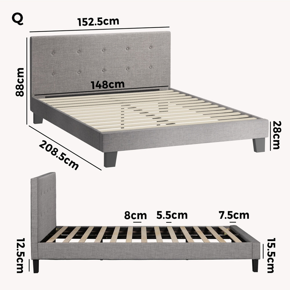 Oikiture Bed Frame Queen Size Wooden Fabric Grey