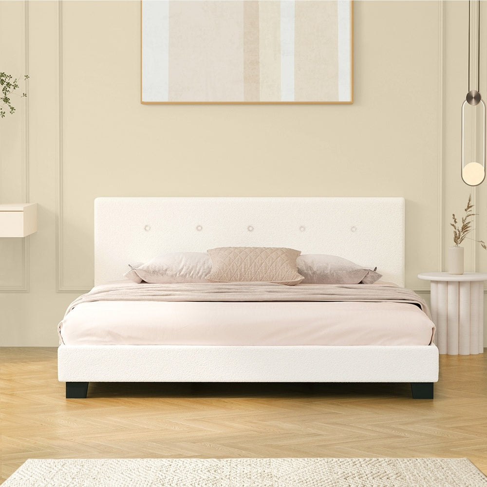 Oikiture Bed Frame Queen Size White Boucle
