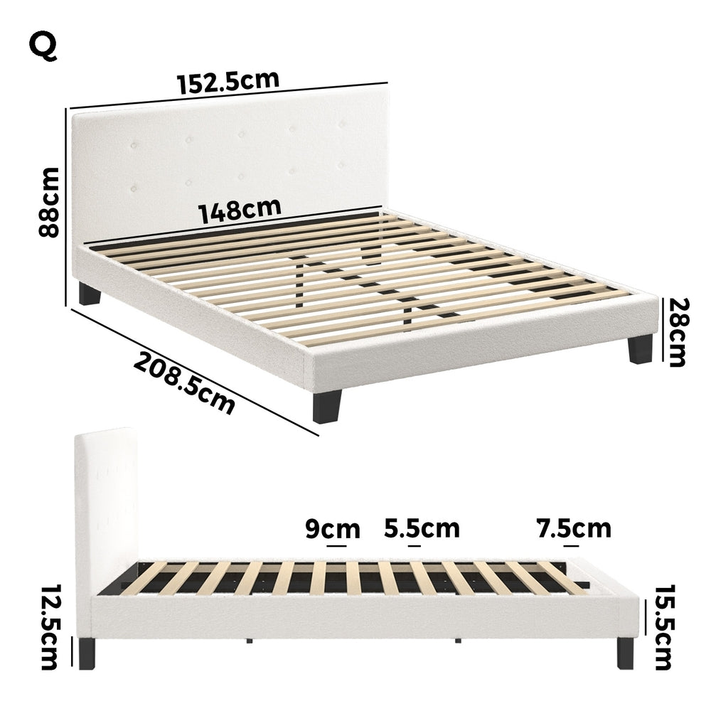 Oikiture Bed Frame Queen Size White Boucle