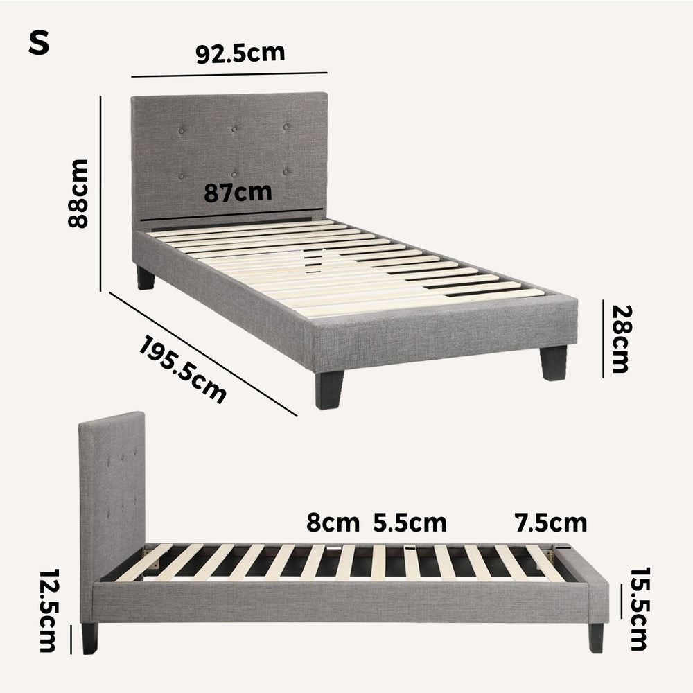 Oikiture Bed Frame Single Size Wooden Fabric Grey
