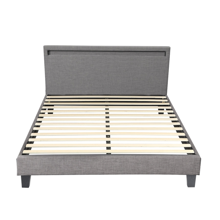 Oikiture Bed Frame RGB LED Double Size Wooden Grey Fabric, image 6