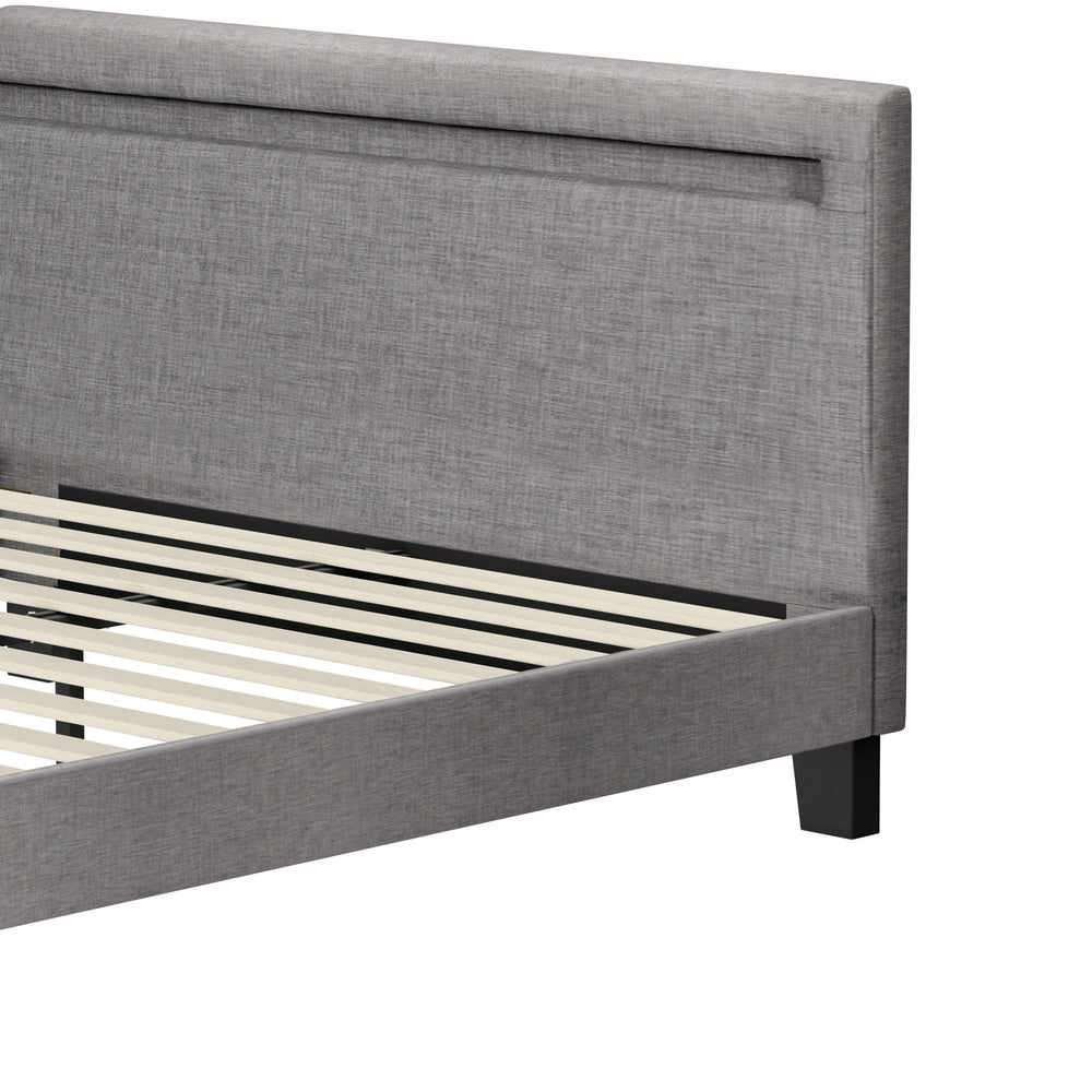 Oikiture Bed Frame RGB LED Double Size Wooden Grey Fabric