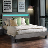 Oikiture Bed Frame RGB LED Double Size Wooden Grey Fabric - Close-Up Angle