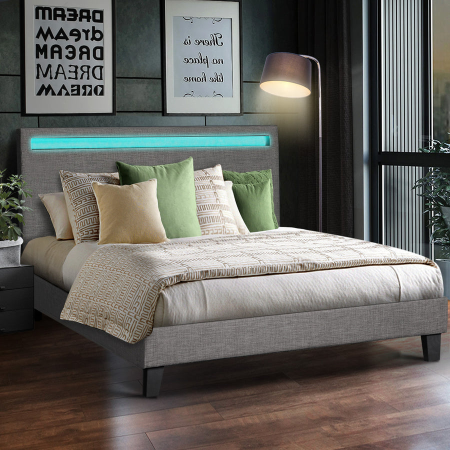 Oikiture Bed Frame RGB LED Double Size Wooden Grey Fabric, image 7