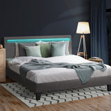 Oikiture Bed Frame RGB LED Queen Size Wooden Grey Fabric