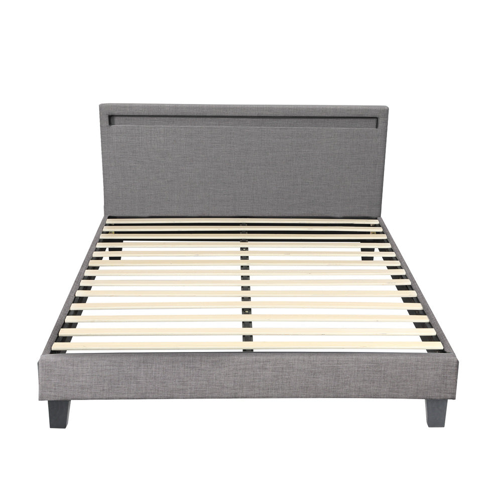 Oikiture Bed Frame RGB LED Queen Size Wooden Grey Fabric