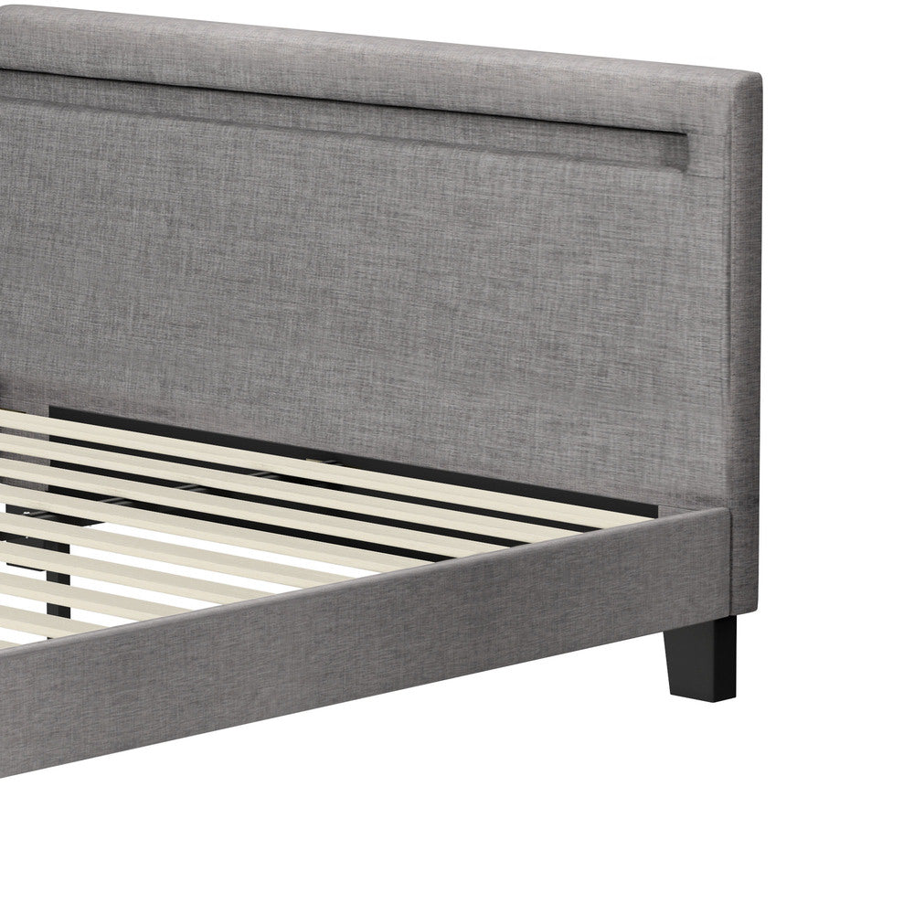 Oikiture Bed Frame RGB LED Queen Size Wooden Grey Fabric