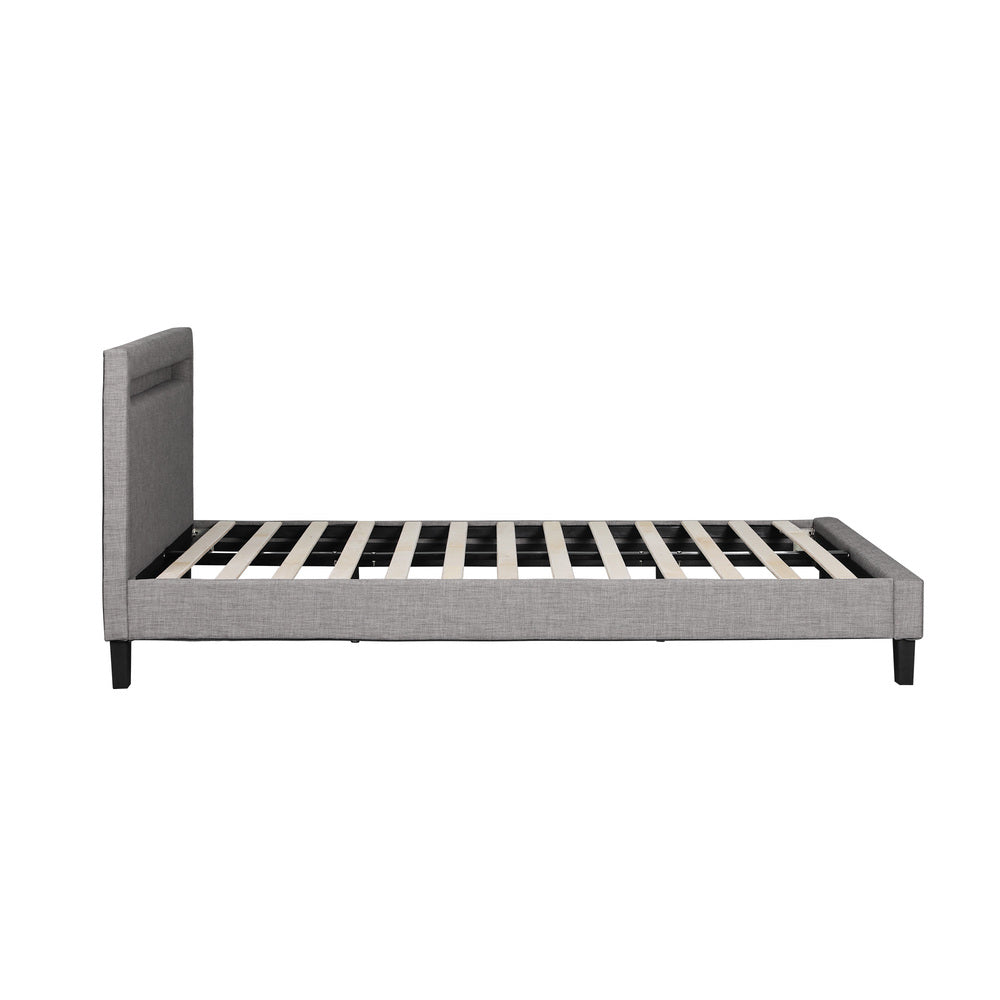 Oikiture Bed Frame RGB LED Queen Size Wooden Grey Fabric