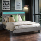 Oikiture Bed Frame RGB LED Queen Size Wooden Grey Fabric