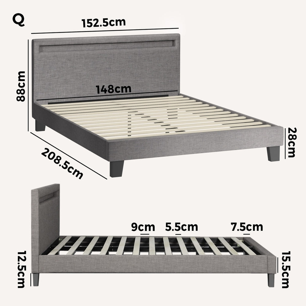 Oikiture Bed Frame RGB LED Queen Size Wooden Grey Fabric