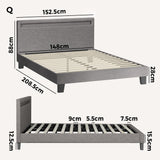Oikiture Bed Frame RGB LED Queen Size Wooden Grey Fabric - Rear View