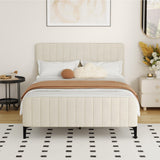 Oikiture Double Size Bed Frame Velvet Fabric Beige