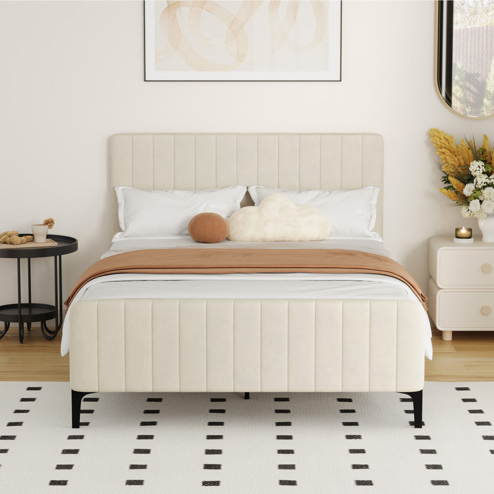 Oikiture Double Size Bed Frame Velvet Fabric Beige