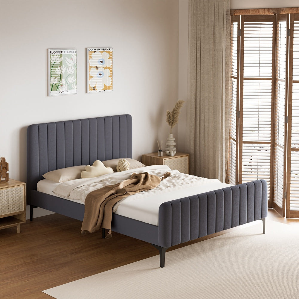 Oikiture Bed Frame Double Size Beds Platform Velvet Fabric Grey