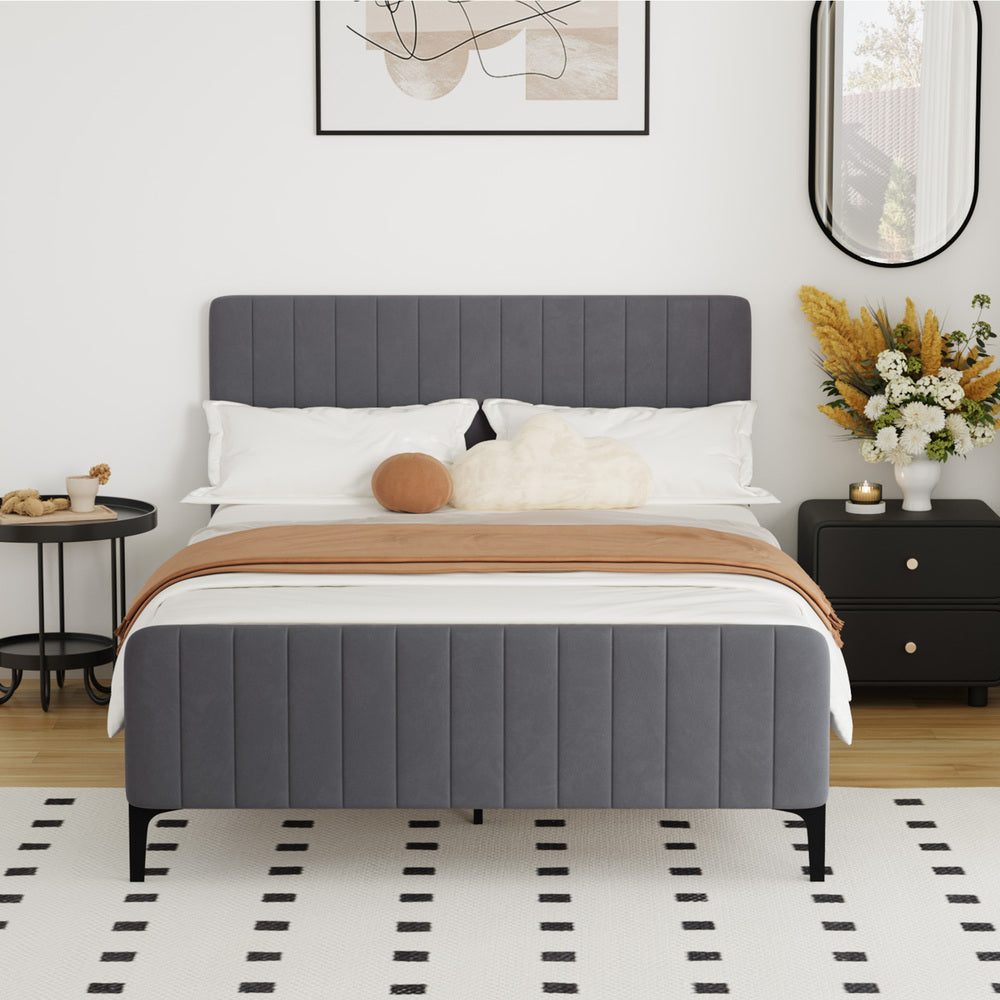 Oikiture Bed Frame Double Size Beds Platform Velvet Fabric Grey