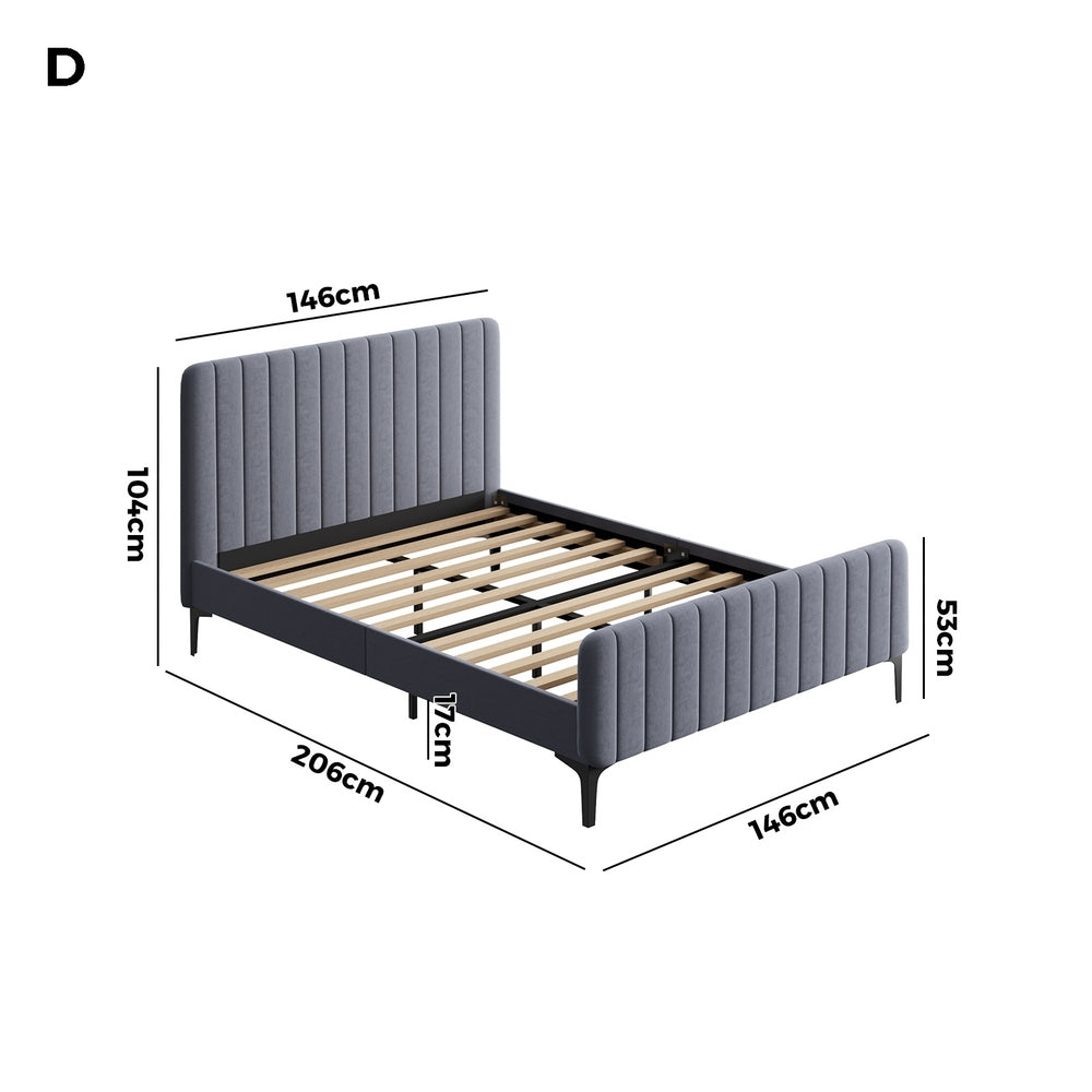 Oikiture Bed Frame Double Size Beds Platform Velvet Fabric Grey