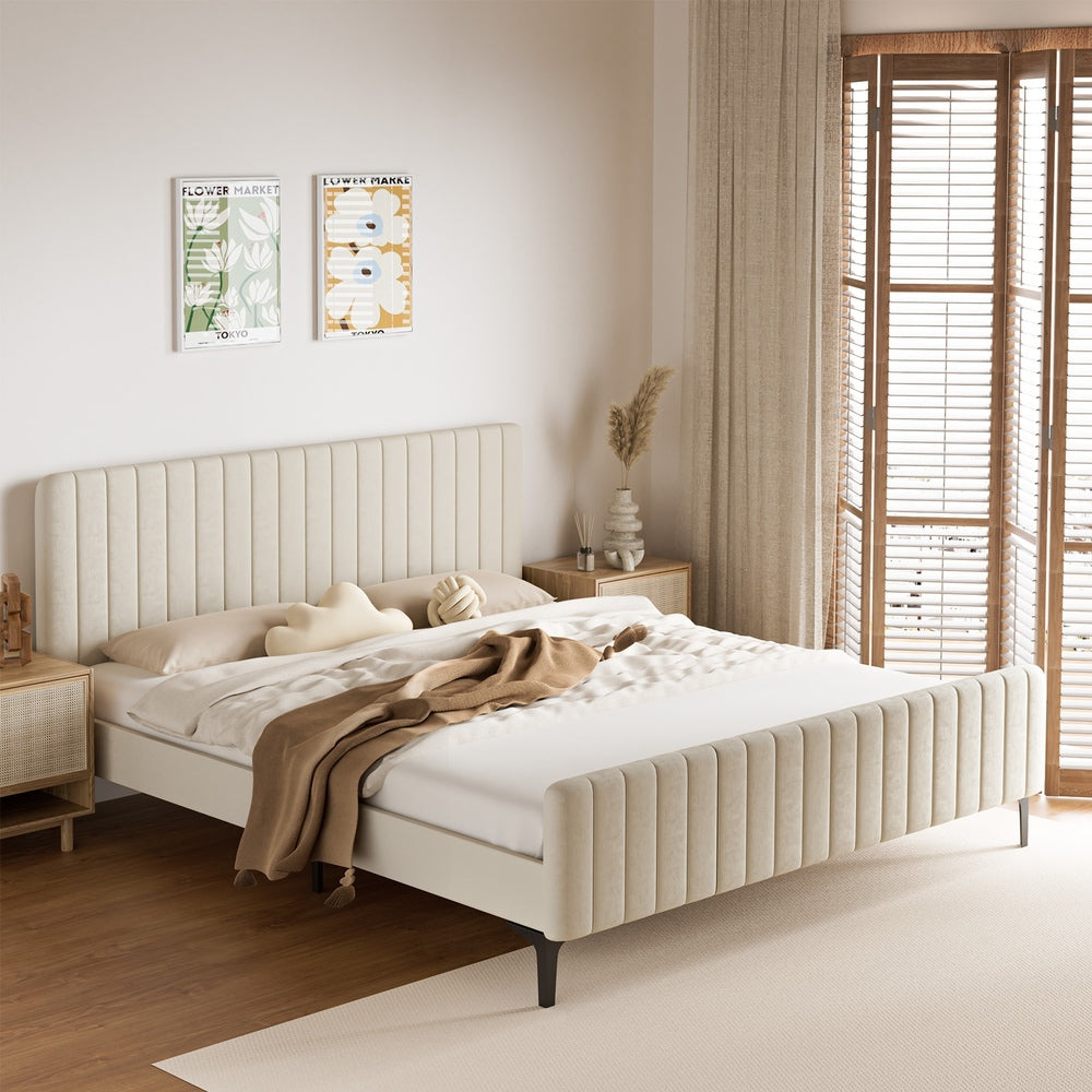 Oikiture King Size Bed Frame Velvet Fabric Beige