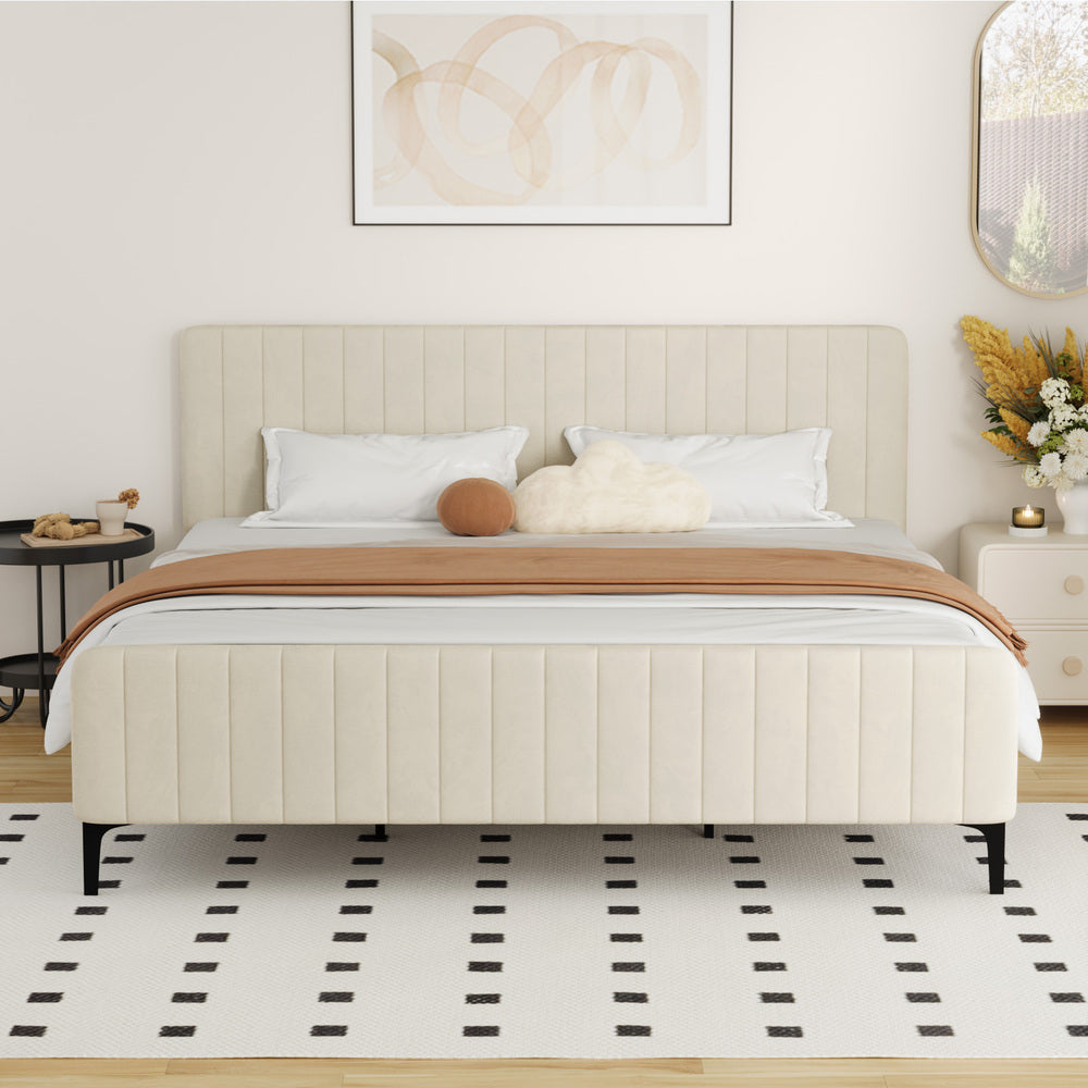 Oikiture King Size Bed Frame Velvet Fabric Beige