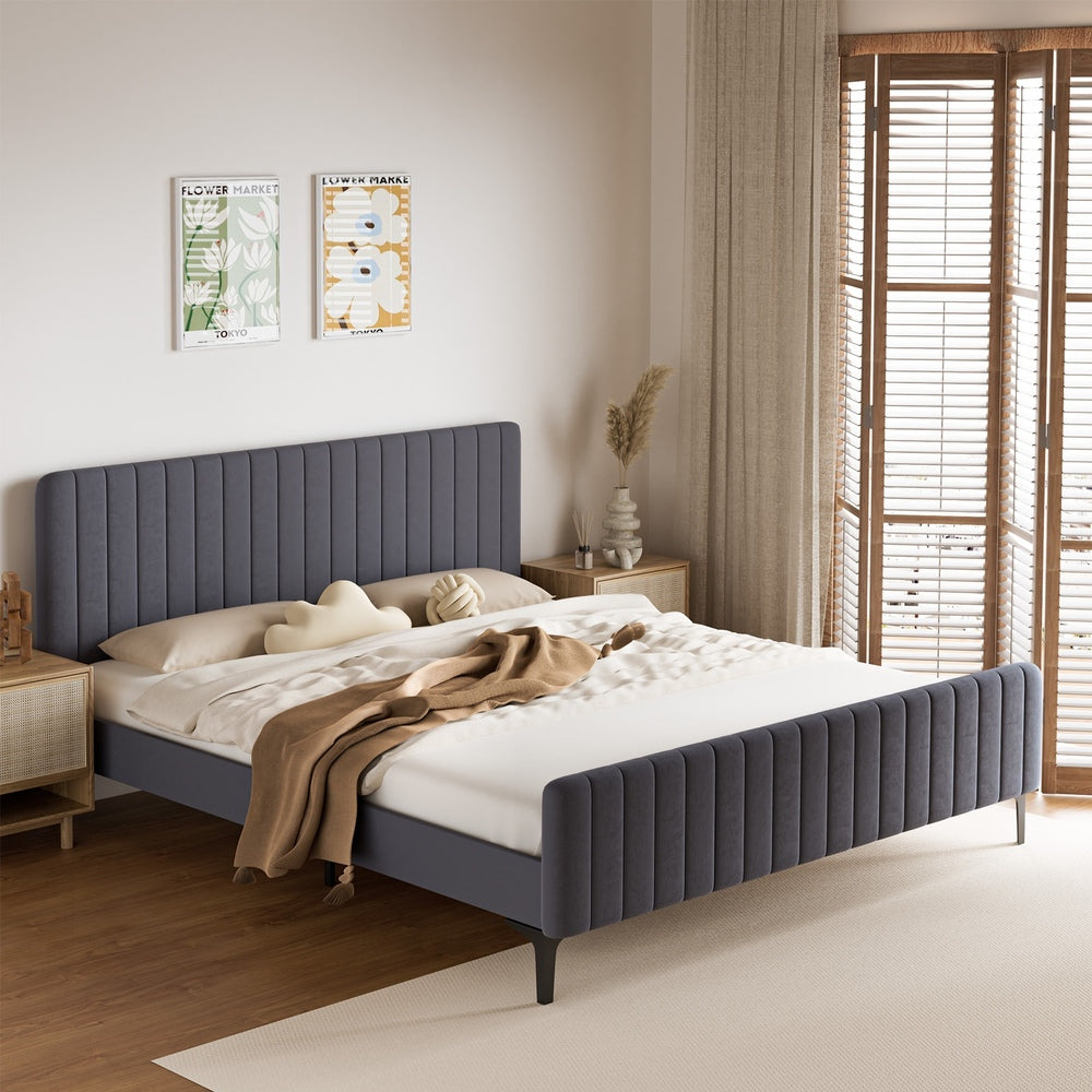 Oikiture Bed Frame King Size Beds Platform Velvet Fabric Grey