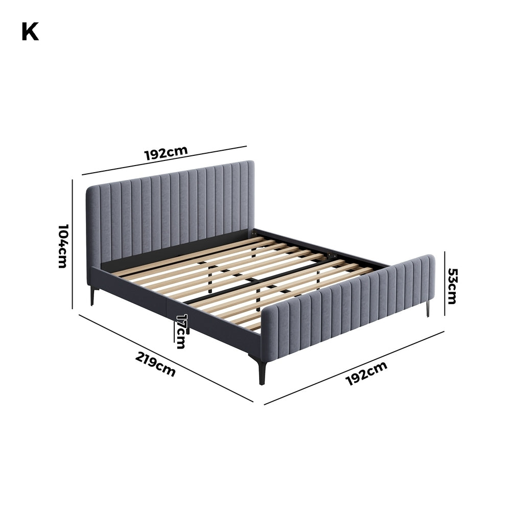 Oikiture Bed Frame King Size Beds Platform Velvet Fabric Grey