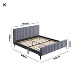 Oikiture Bed Frame King Size Beds Platform Velvet Fabric Grey - Rear View