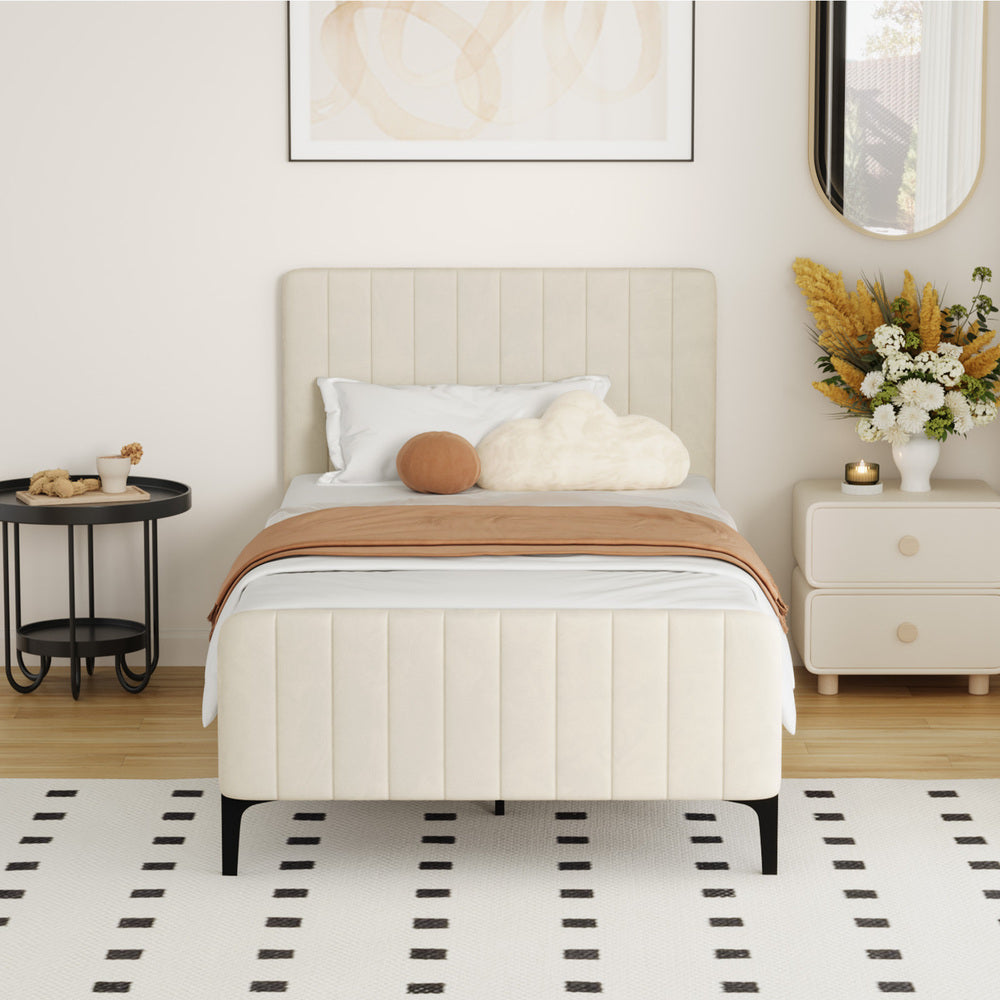 Oikiture King Single Bed Frame Velvet Fabric Beige