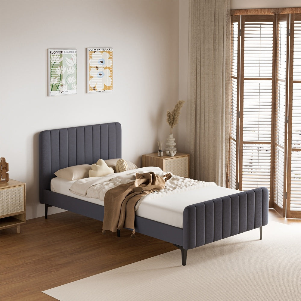 Oikiture Bed Frame King Single Beds Platform Velvet Fabric Grey