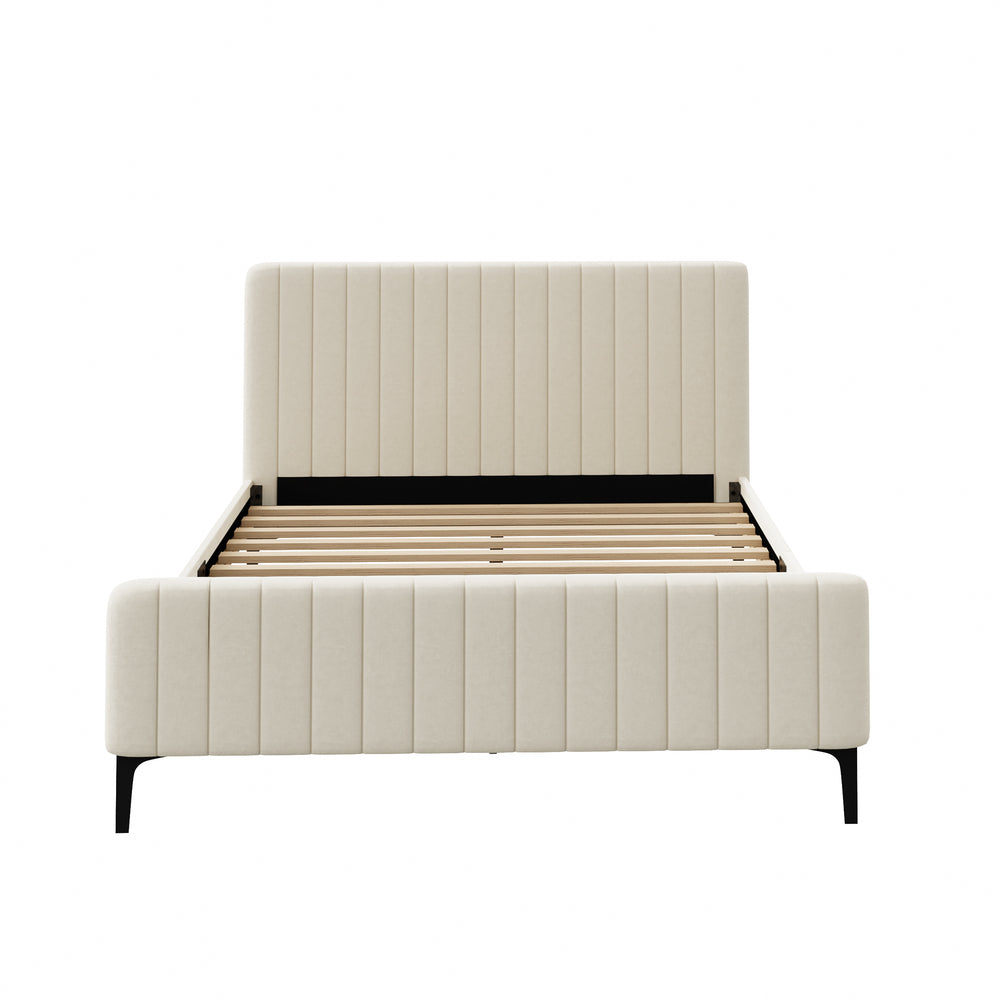 Oikiture Queen Size Bed Frame Velvet Fabric Beige