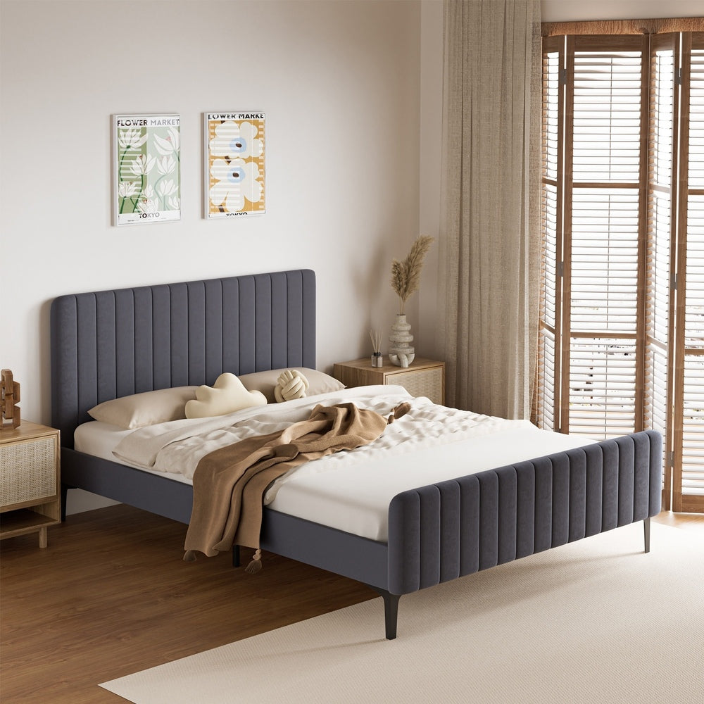 Oikiture Bed Frame Queen Size Beds Platform Velvet Fabric Grey