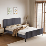 Oikiture Bed Frame Queen Size Beds Platform Velvet Fabric Grey - Front View