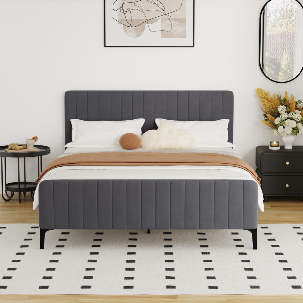 Oikiture Bed Frame Queen Size Beds Platform Velvet Fabric Grey