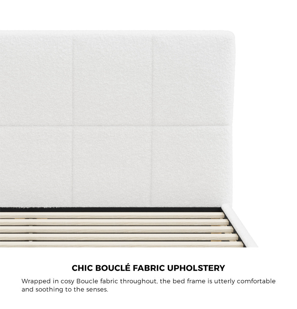Oikiture Bed Frame Double Size Base White Boucle TOFU