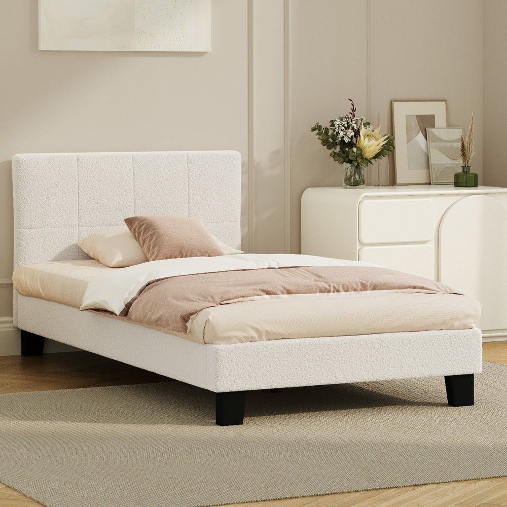 Oikiture Bed Frame Single Size Base White Boucle TOFU