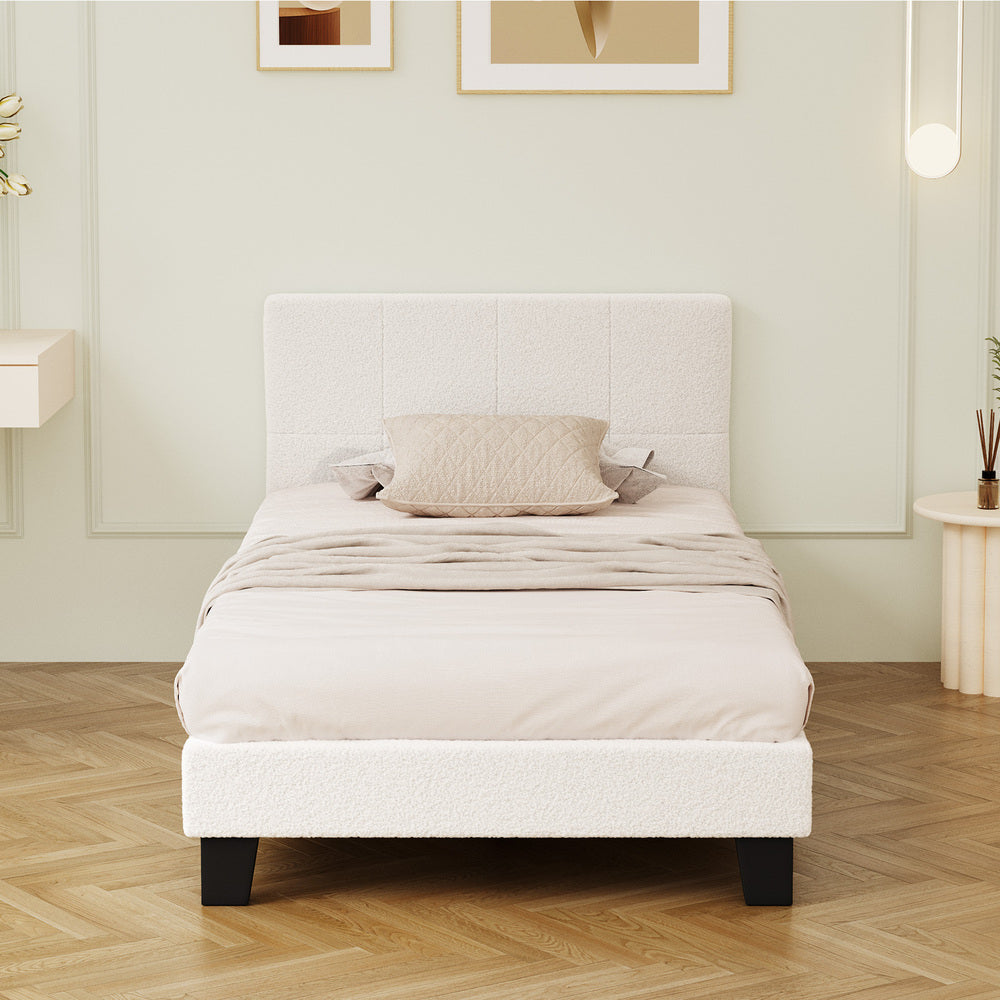 Oikiture Bed Frame Single Size Base White Boucle TOFU