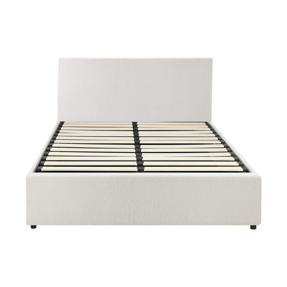 Oikiture Double Bed Frame Gas Lift Storage Base White Boucle