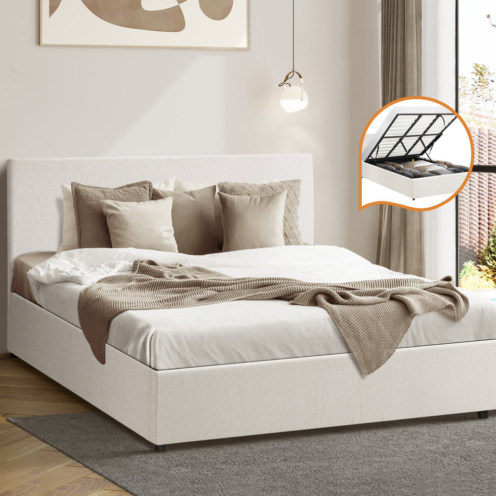 Oikiture King Bed Frame Gas Lift Storage Base White Boucle