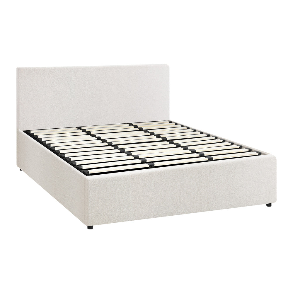 Oikiture King Bed Frame Gas Lift Storage Base White Boucle
