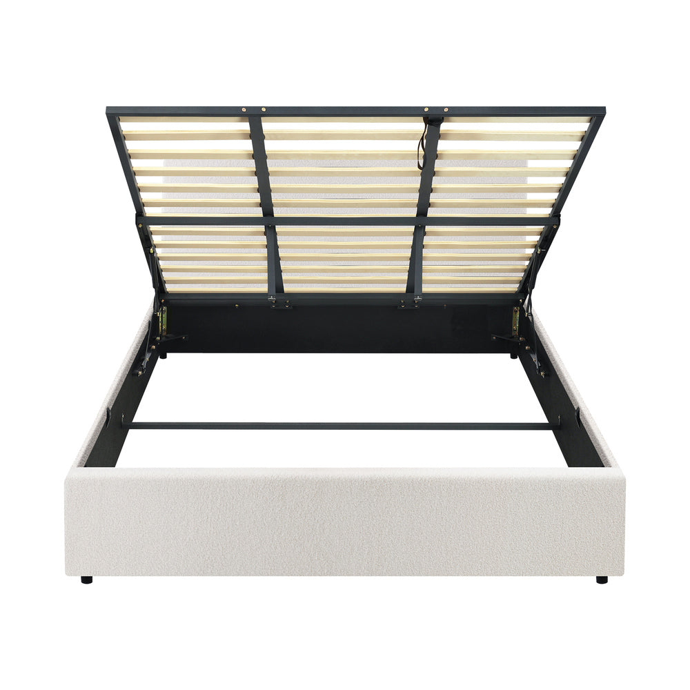 Oikiture King Bed Frame Gas Lift Storage Base White Boucle