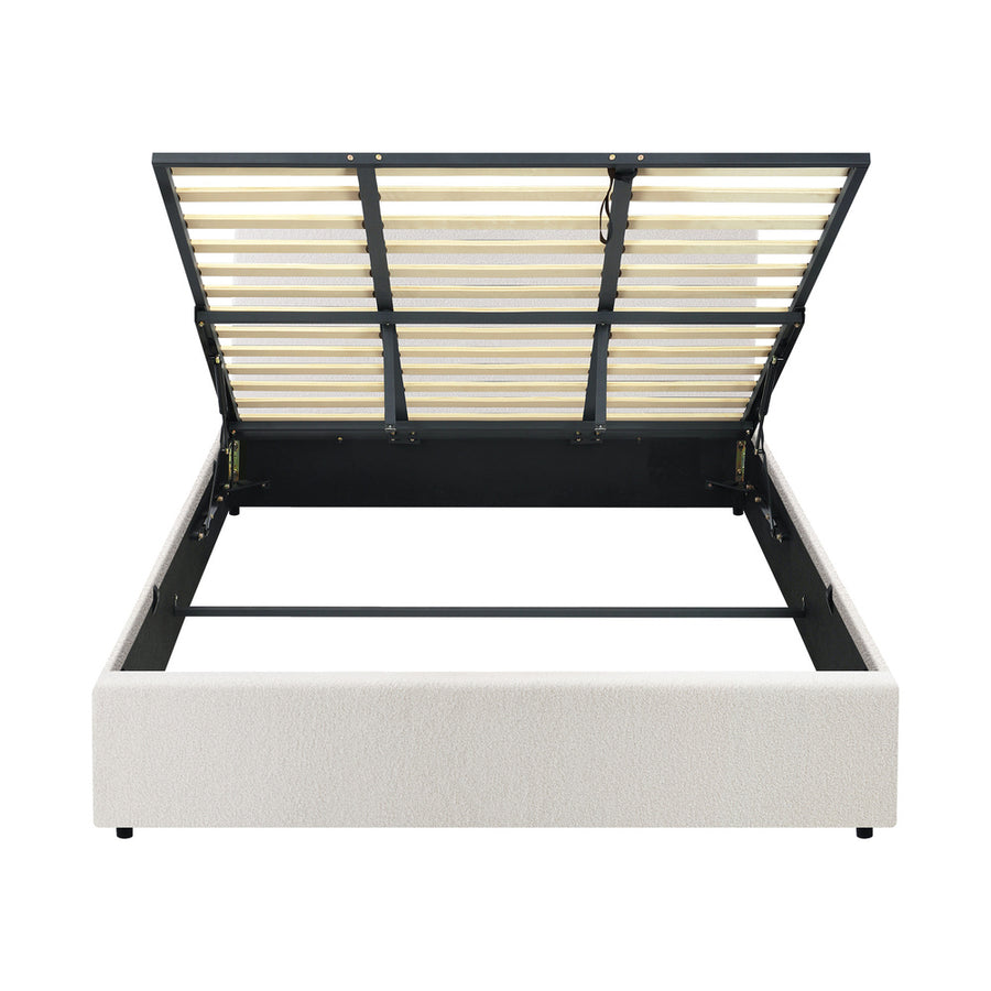 Oikiture King Bed Frame Gas Lift Storage Base White Boucle, image 7