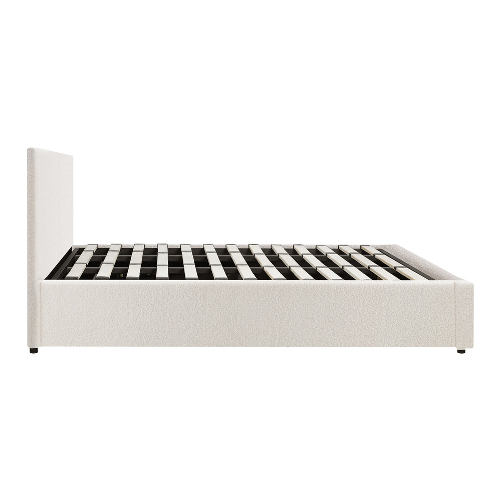 Oikiture King Bed Frame Gas Lift Storage Base White Boucle