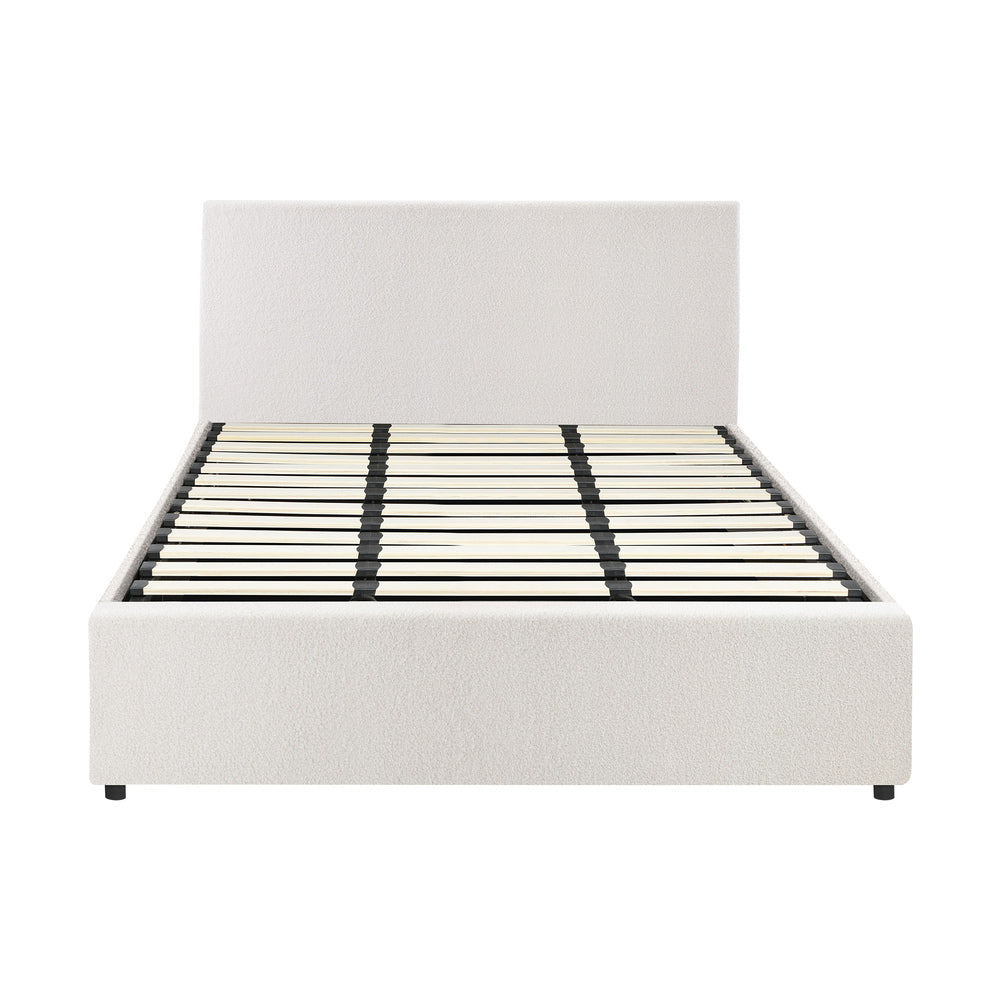 Oikiture King Bed Frame Gas Lift Storage Base White Boucle