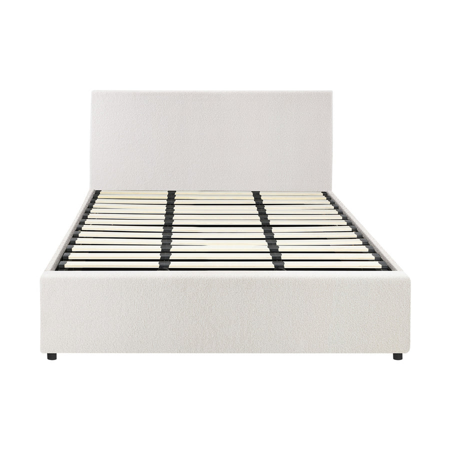 Oikiture King Bed Frame Gas Lift Storage Base White Boucle, Storage