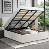 Oikiture King Bed Frame Gas Lift Storage Base White Boucle