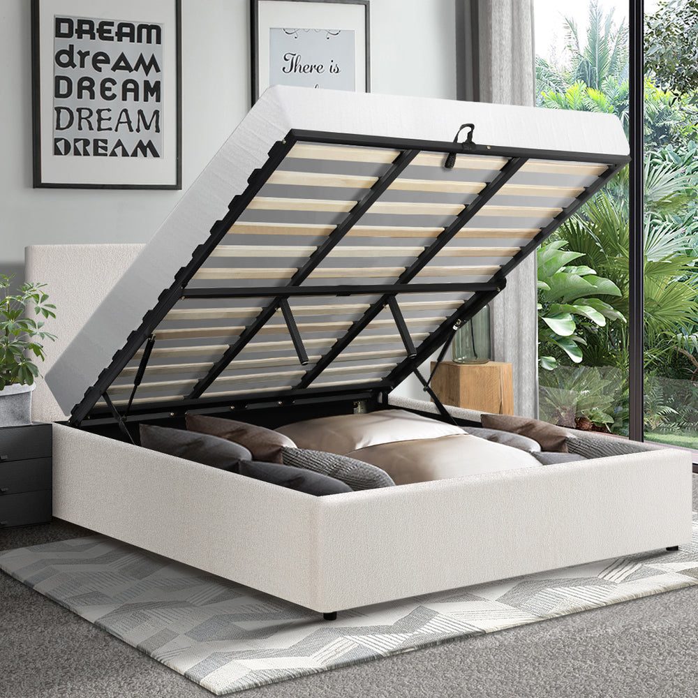 Oikiture King Bed Frame Gas Lift Storage Base White Boucle