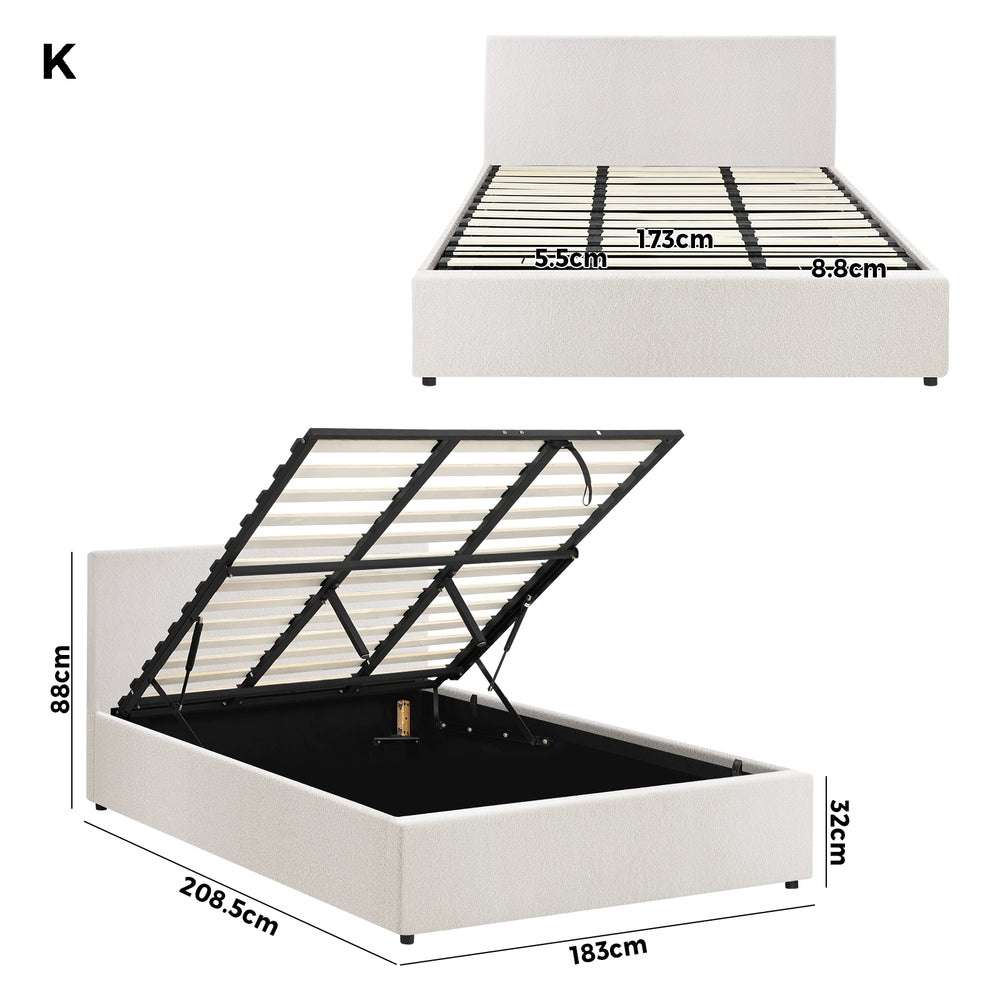 Oikiture King Bed Frame Gas Lift Storage Base White Boucle