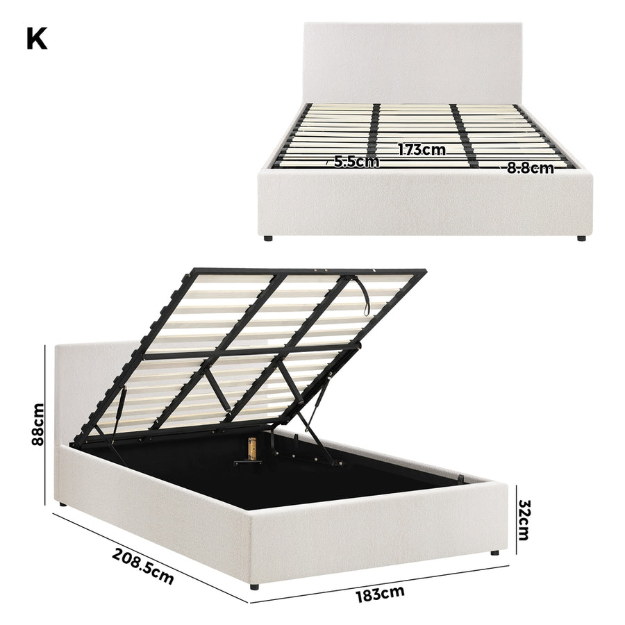 Oikiture King Bed Frame Gas Lift Storage Base White Boucle, image 4