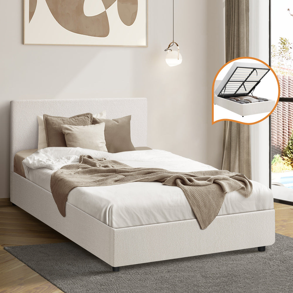 Oikiture Bed Frame King Single Gas Lift Storage Base White Boucle