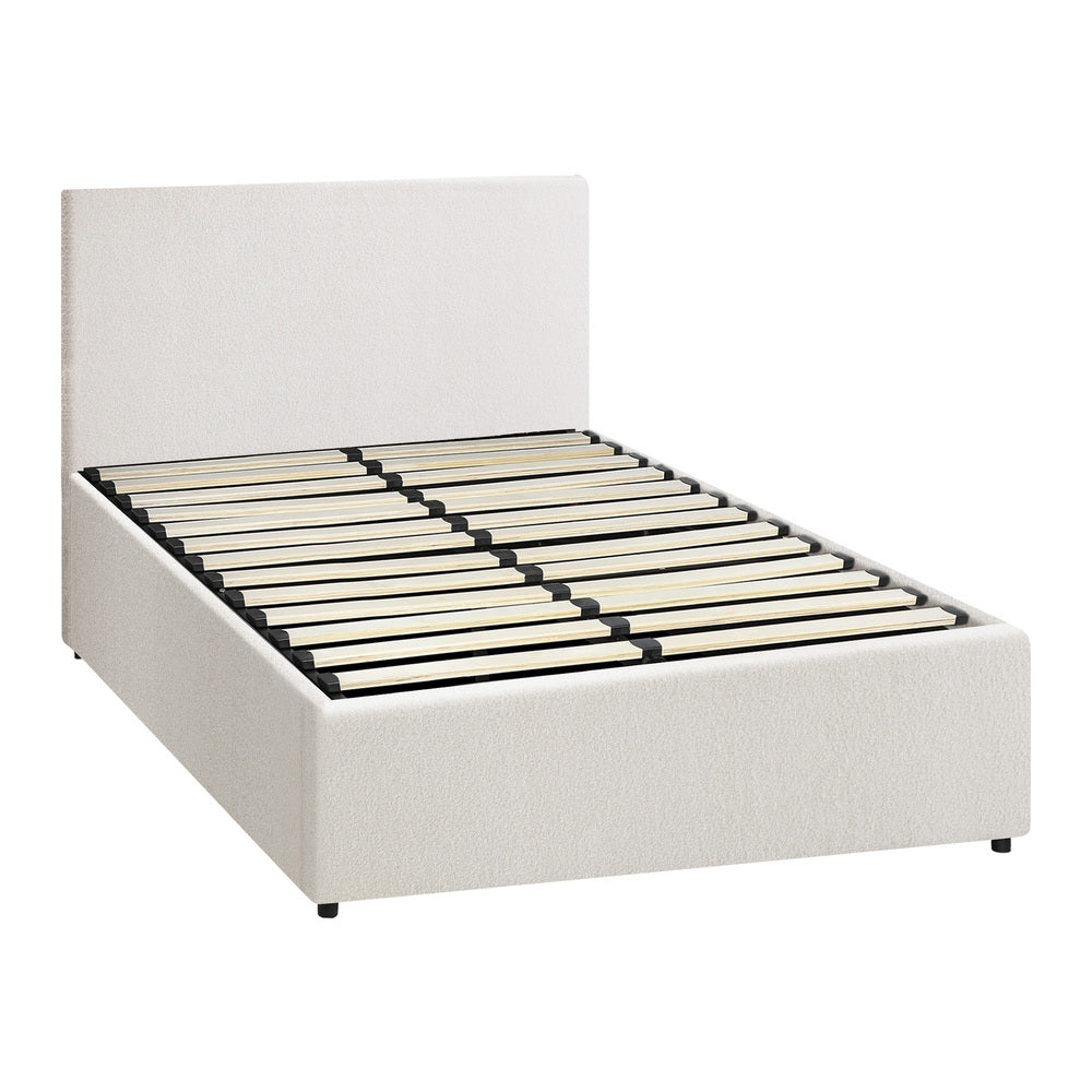 Oikiture Bed Frame King Single Gas Lift Storage Base White Boucle