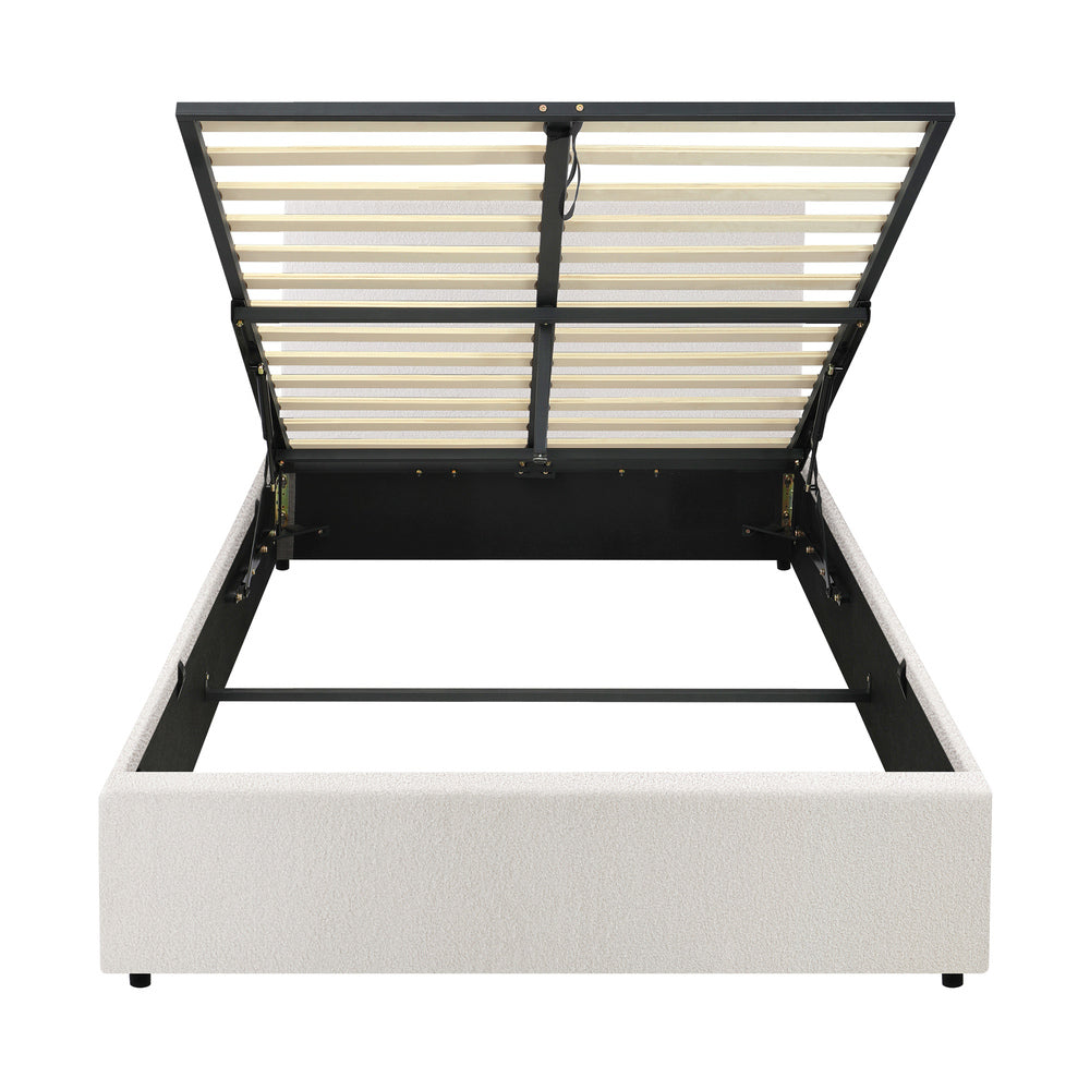 Oikiture Bed Frame King Single Gas Lift Storage Base White Boucle