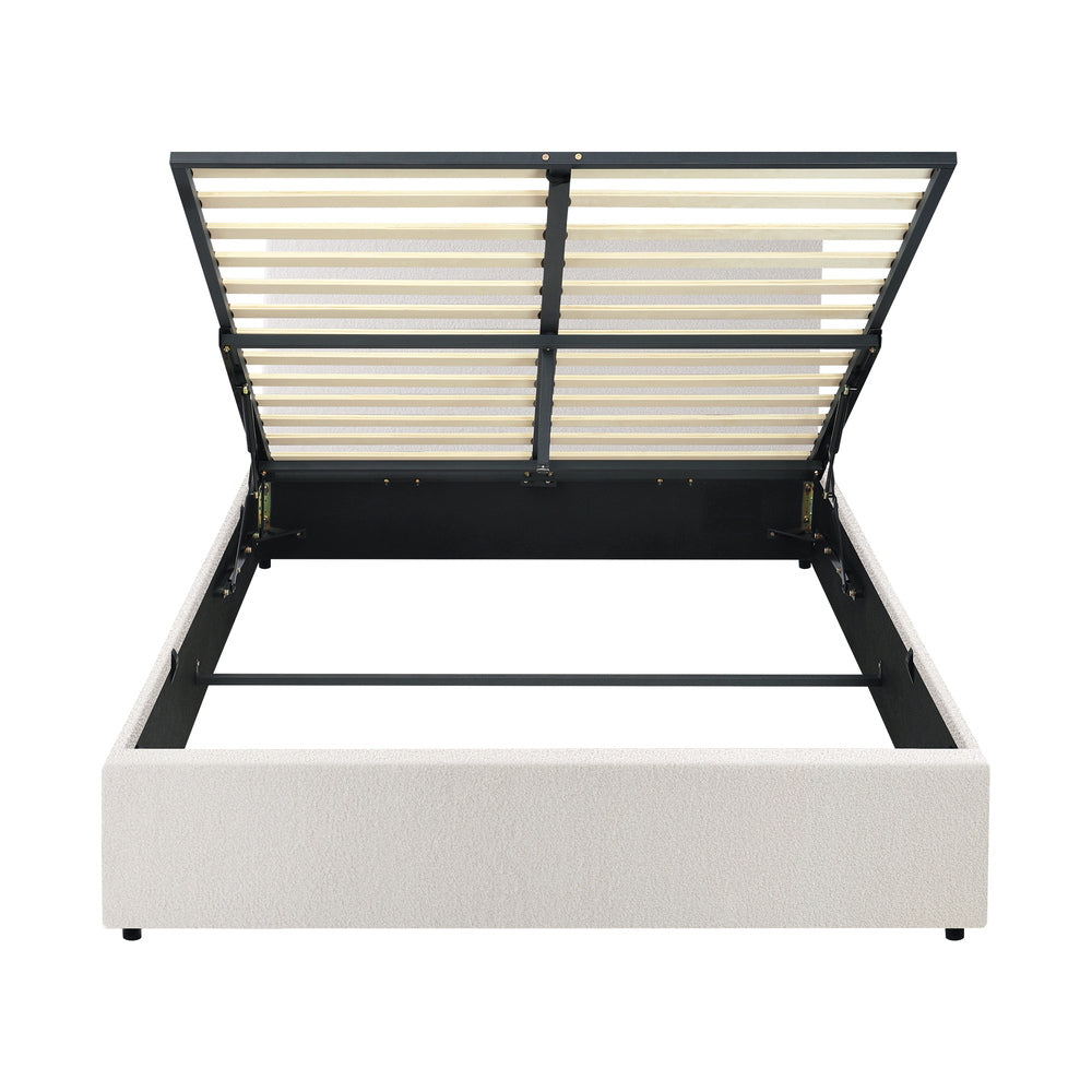 Oikiture Queen Bed Frame Gas Lift Storage Base White Boucle